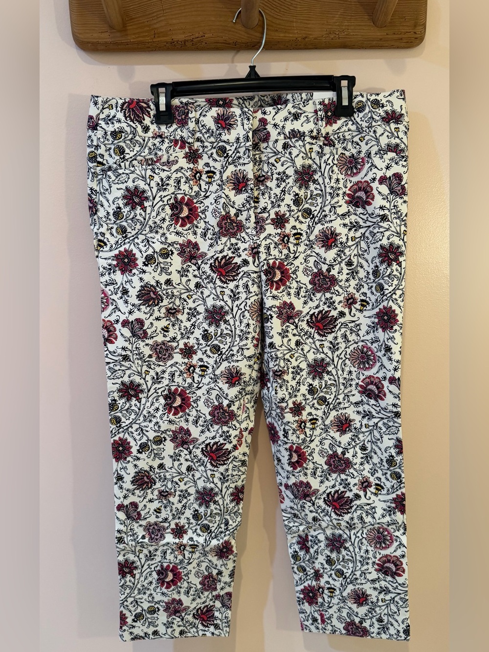 LOFT White Ankle Pants with Burgundy and Black Floral Print